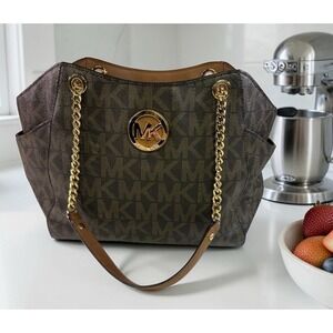 Michael Kors Coated Brown Canvas Shoulder Bag,Large Chain Tote, Jet Set Travel